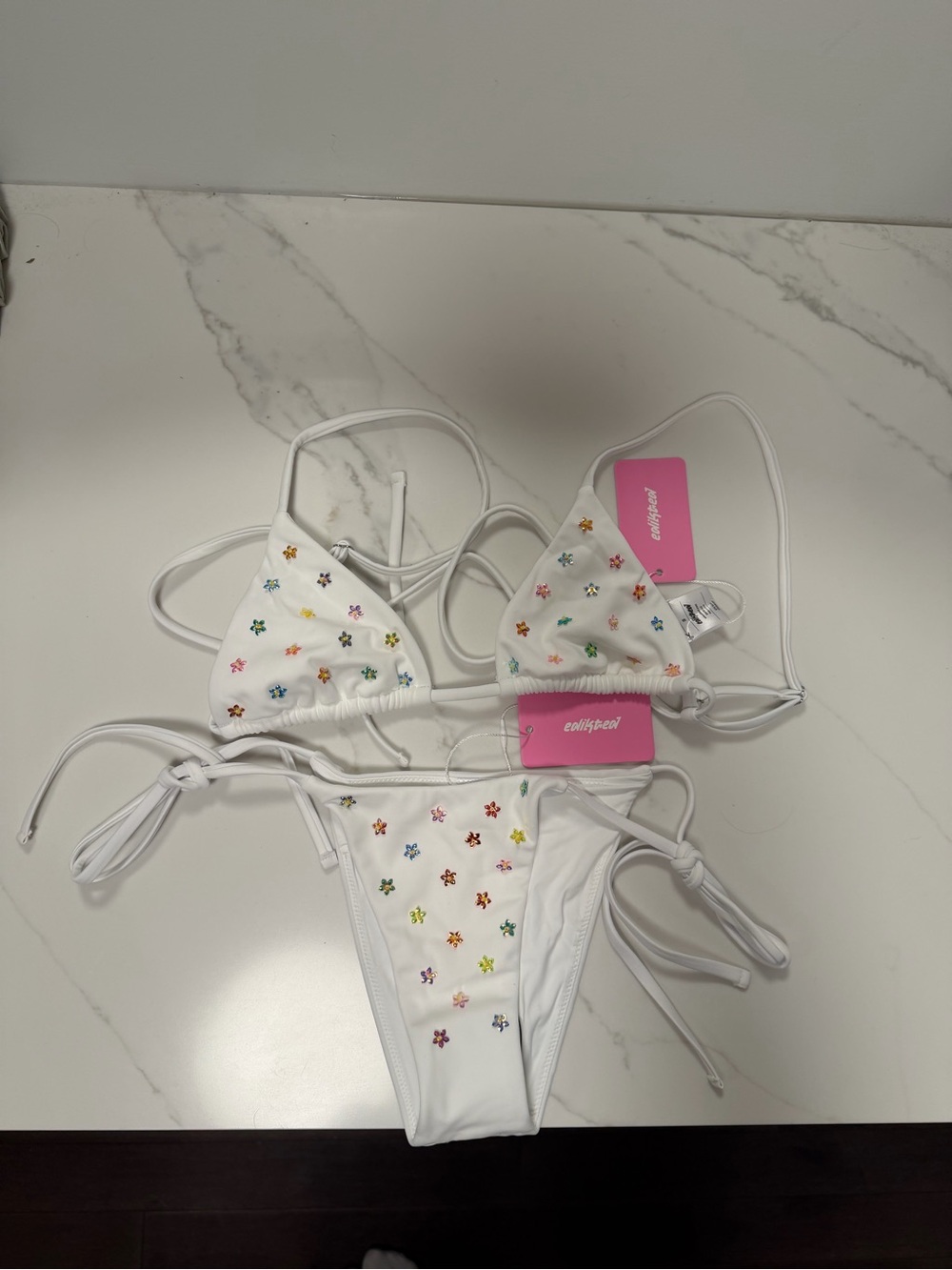 Edikted White Bikini with Multicolor Flower Embroidery